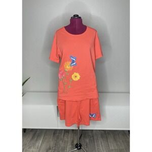 Johnny Was Set T Shirt & Short Women's L/XL Embroidered Orange Cotton